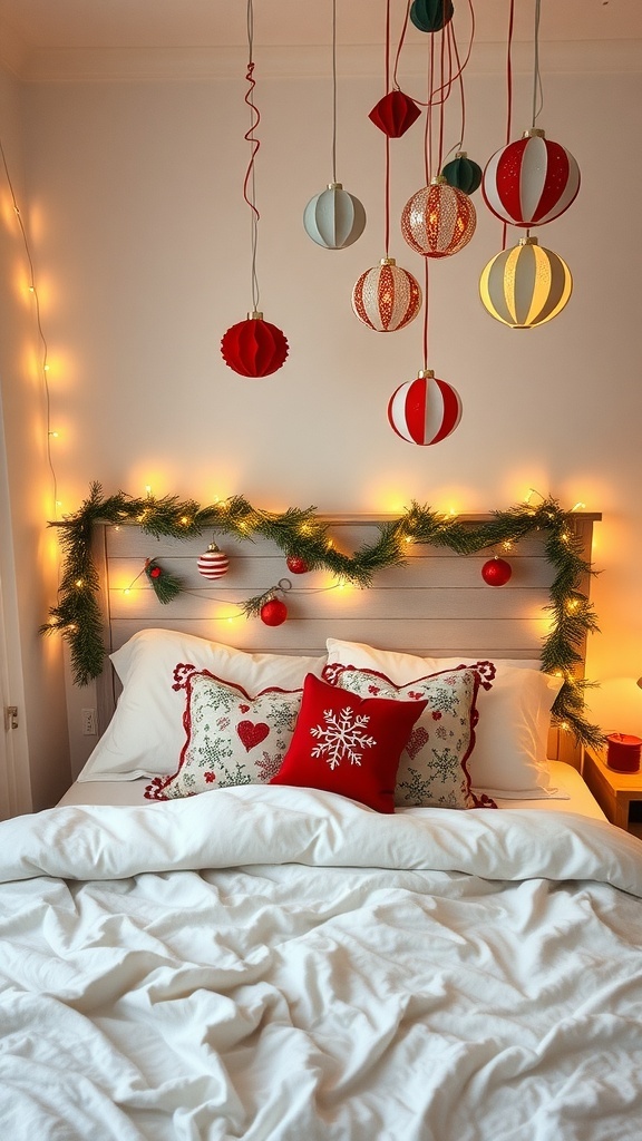 A cozy Christmas bedroom with festive decorations, including a garland, string lights, and colorful ornaments.